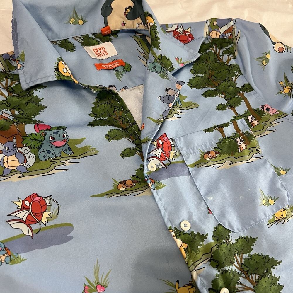 OppoSuits Pokémon Men's Short Sleeve Shirt Small Blue Forest Print Button Up - Picture 5 of 16